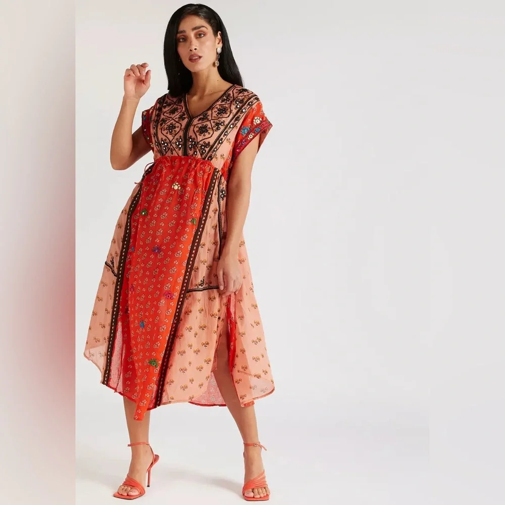 Free People Smiling Sun Embroidered Midi Dress Size Medium - Picture 2 of 8